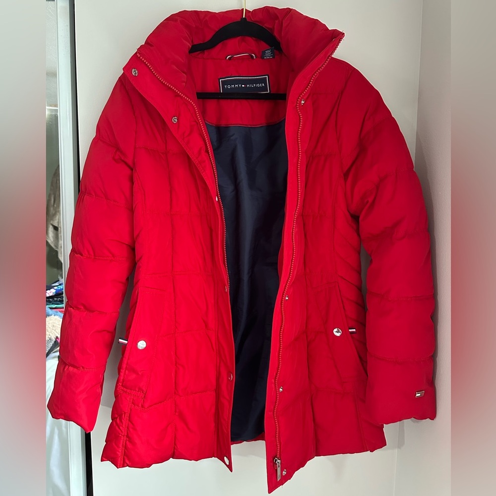 Tommy Hilfiger Red Fur Lined Puffer Coat - Picture 3 of 8